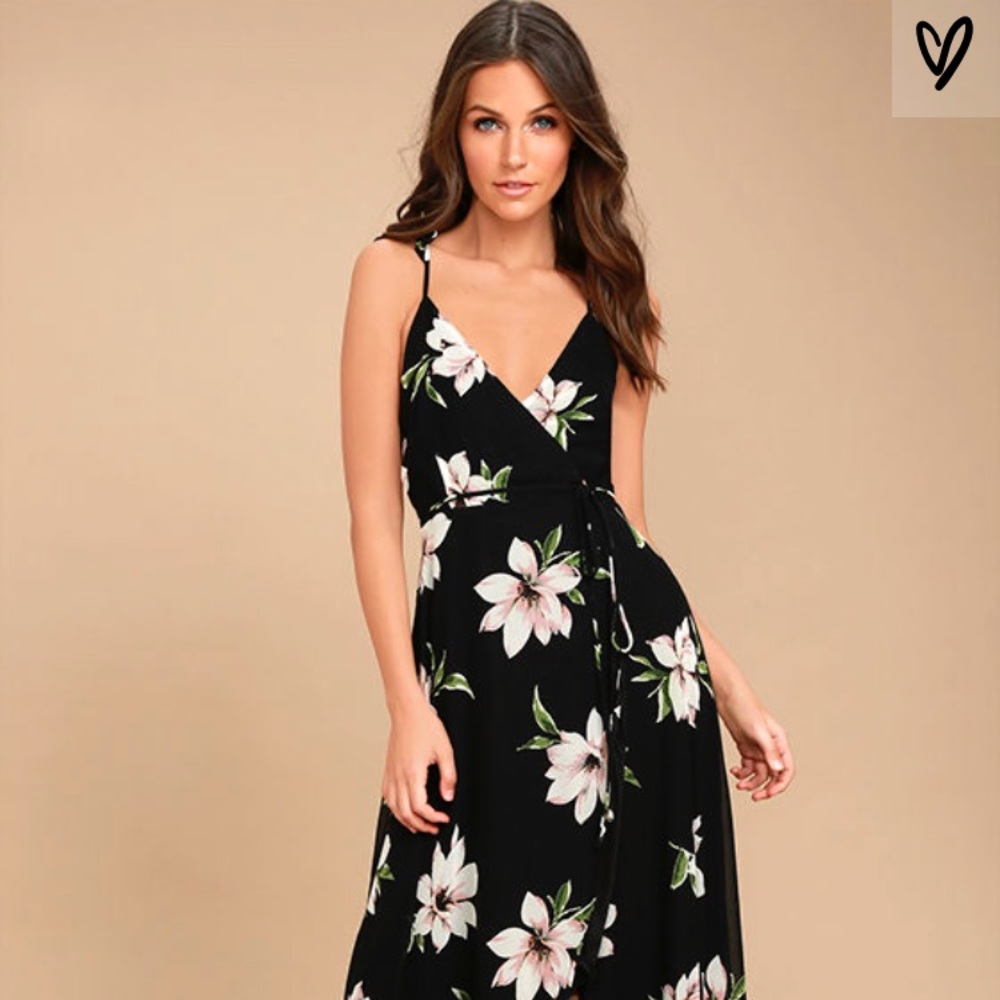 All mine black floral print high-low wrap dress